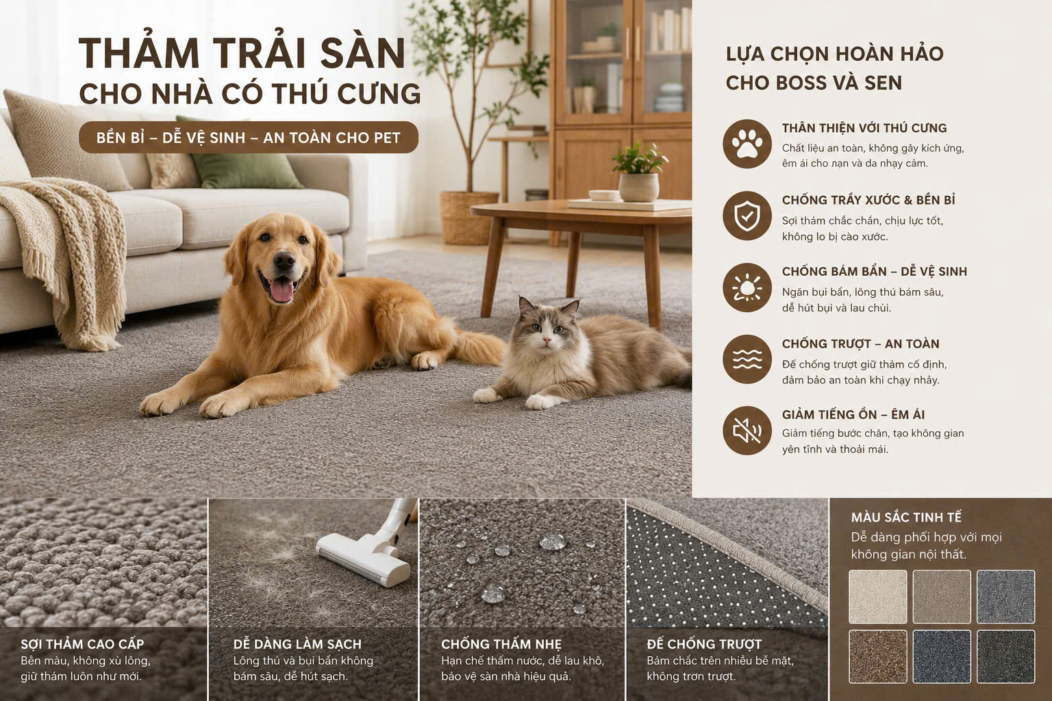 Thảm trải sàn cho nhà có thú cưng