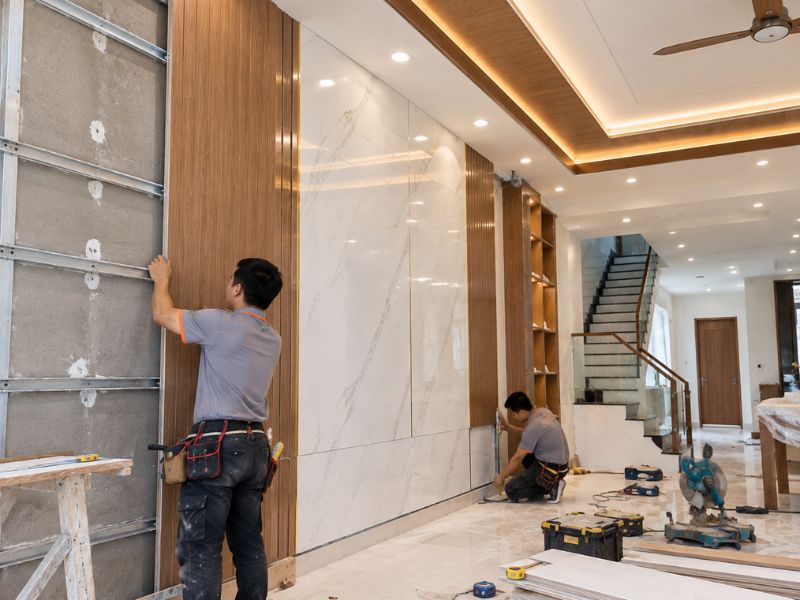 Thi công tấm nhựa ốp tường Nano phòng khách